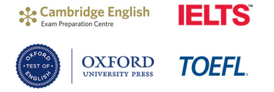 Cambridge English Preparation Centre, IELTS, Oxford test of english & ETS TOEFL logos